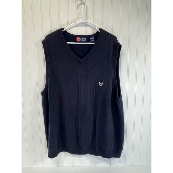Chaps Logo Mens V Neck Sweater Vest Large Navy Blue Cotton Ribbed Hem Pullover - Picture 6 of 6